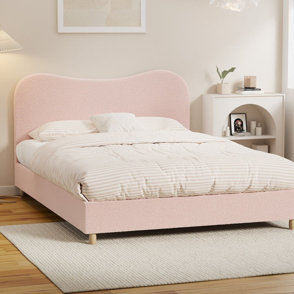 Oikiture Bed Frame Queen Size Pink Boucle Cloud Shape