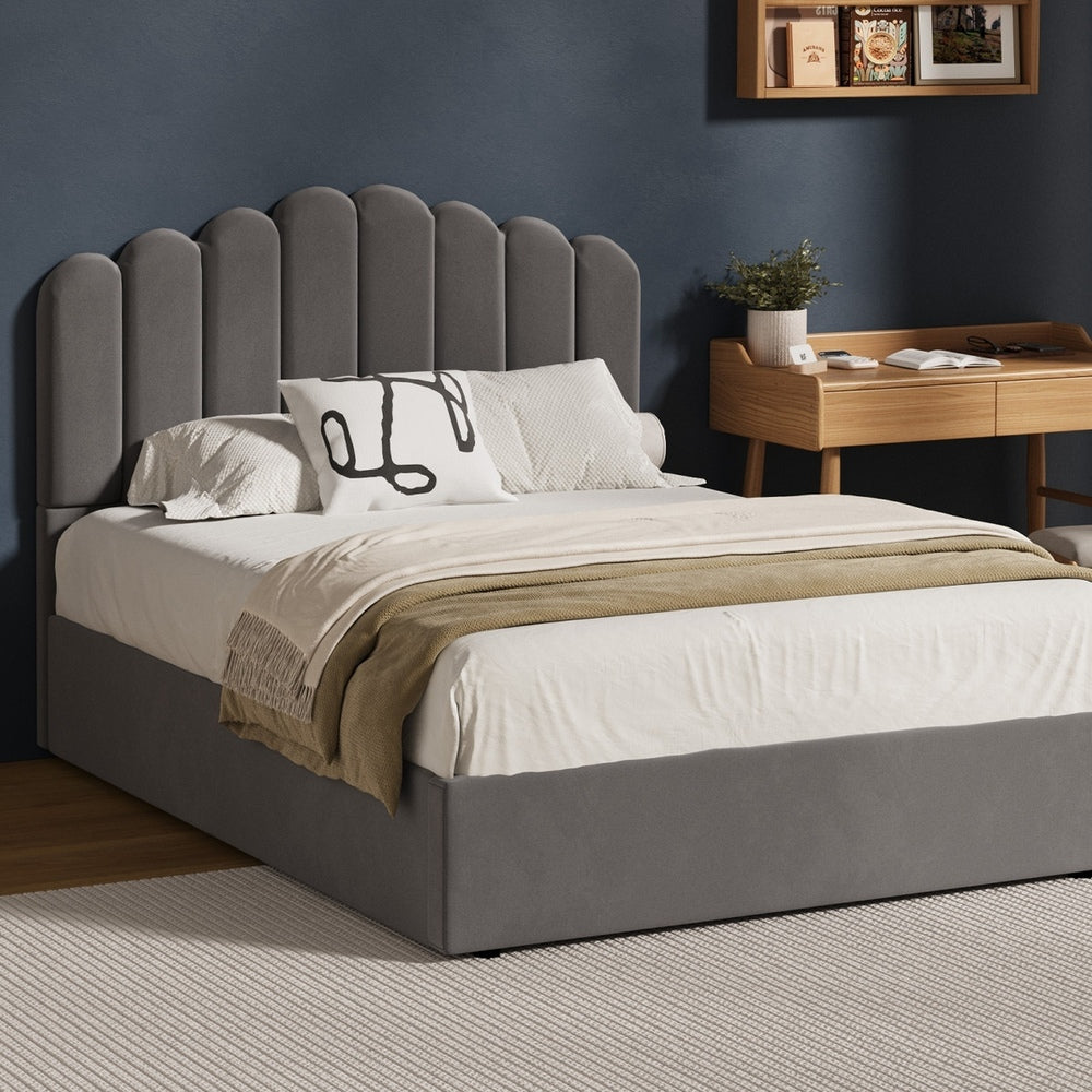 Oikiture Bed Frame Double Size Gas Lift Velvet Grey