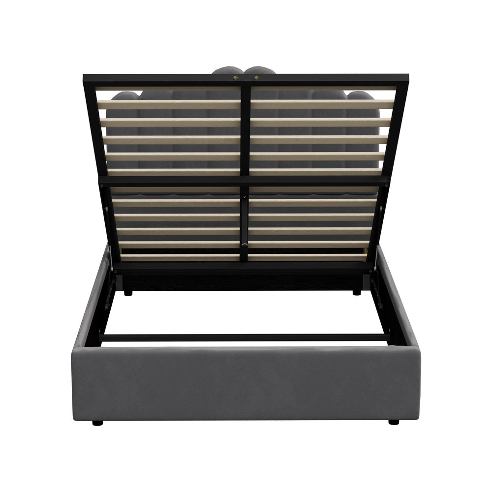Oikiture Bed Frame Double Size Gas Lift Velvet Grey