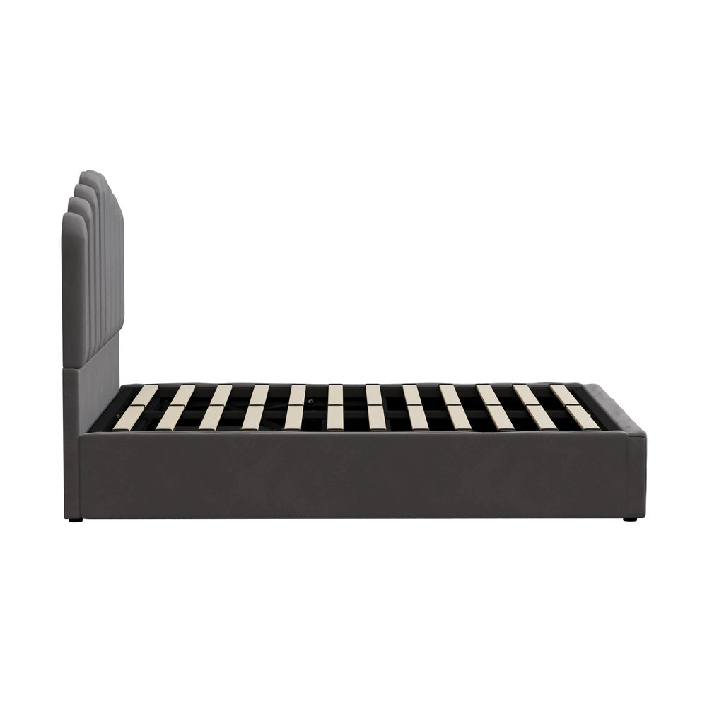 Oikiture Bed Frame Double Size Gas Lift Velvet Grey
