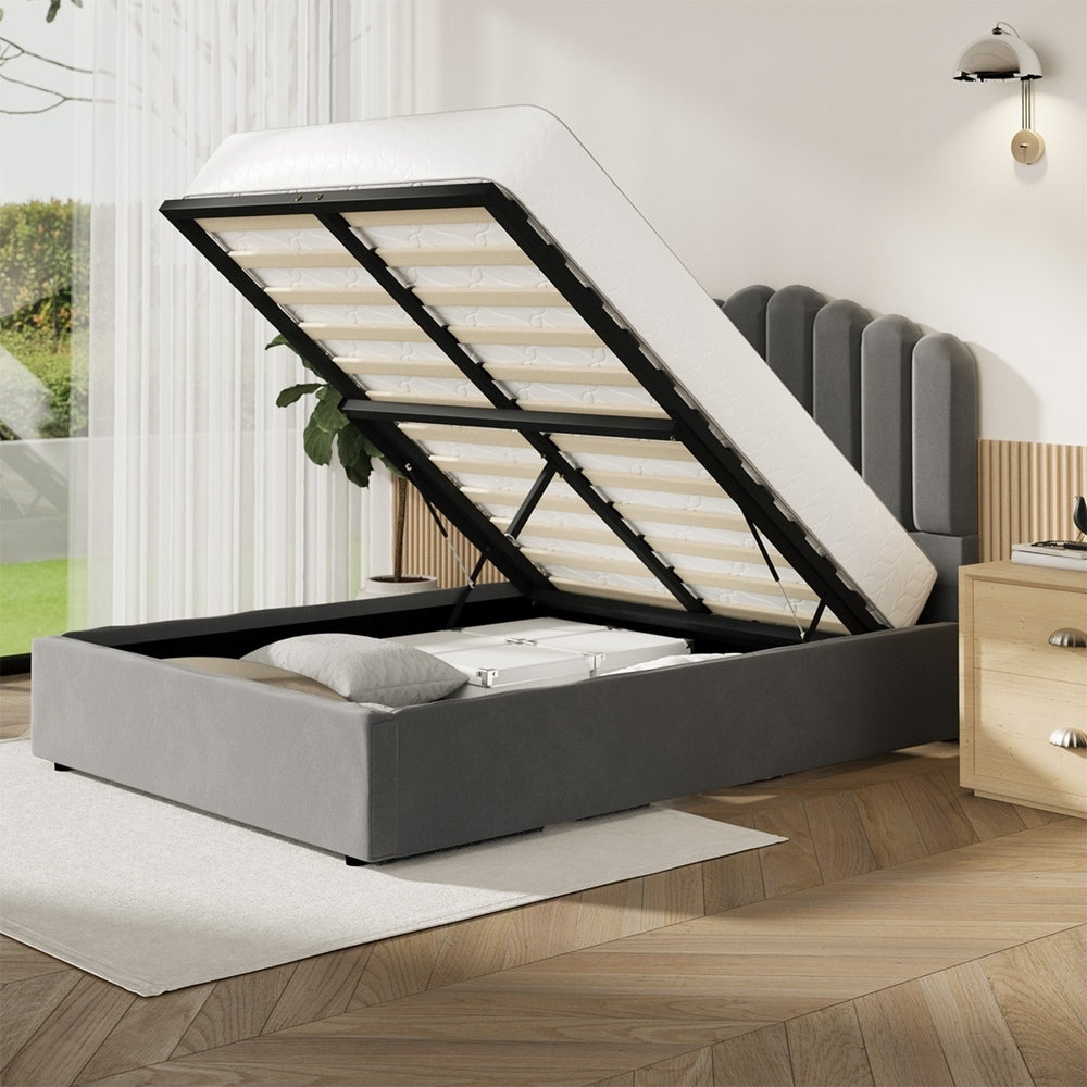 Oikiture Bed Frame Double Size Gas Lift Velvet Grey