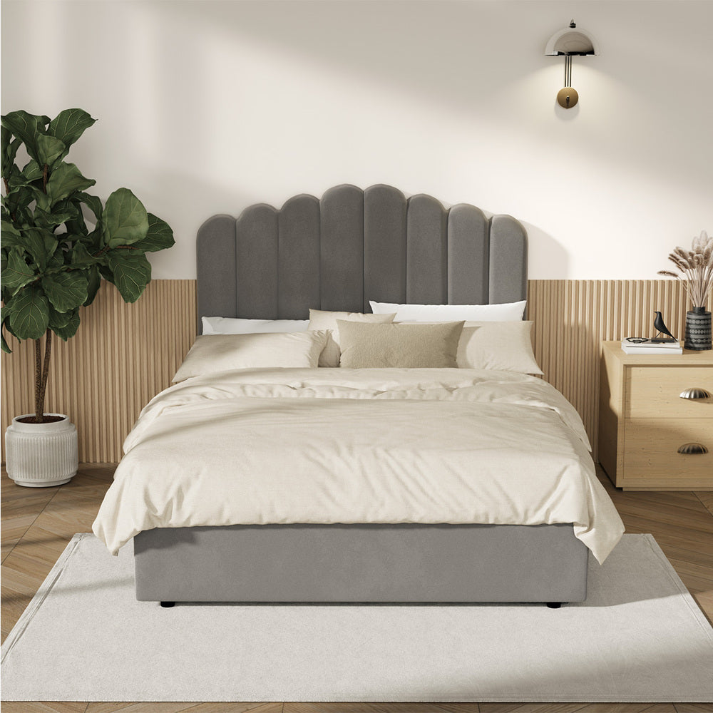 Oikiture Bed Frame Double Size Gas Lift Velvet Grey