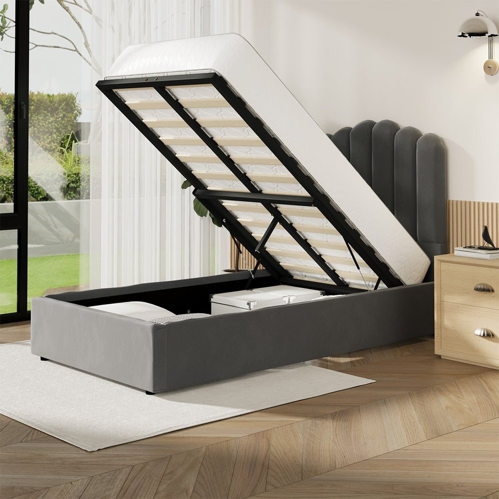 Oikiture Bed Frame King Single Gas Lift Velvet Grey