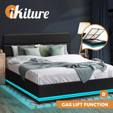 Oikiture Double Bed Frame Gas Lift RBG Storage Space Black - Side View