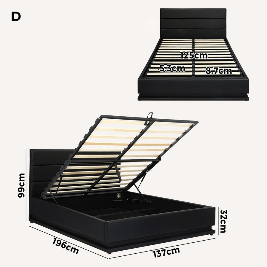 Oikiture Double Bed Frame Gas Lift RBG Storage Space Black, image 8