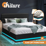 Oikiture King Bed Frame Gas Lift RGB Storage Space Black - Side View