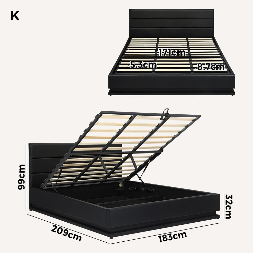 Oikiture King Bed Frame Gas Lift RGB Storage Space Black