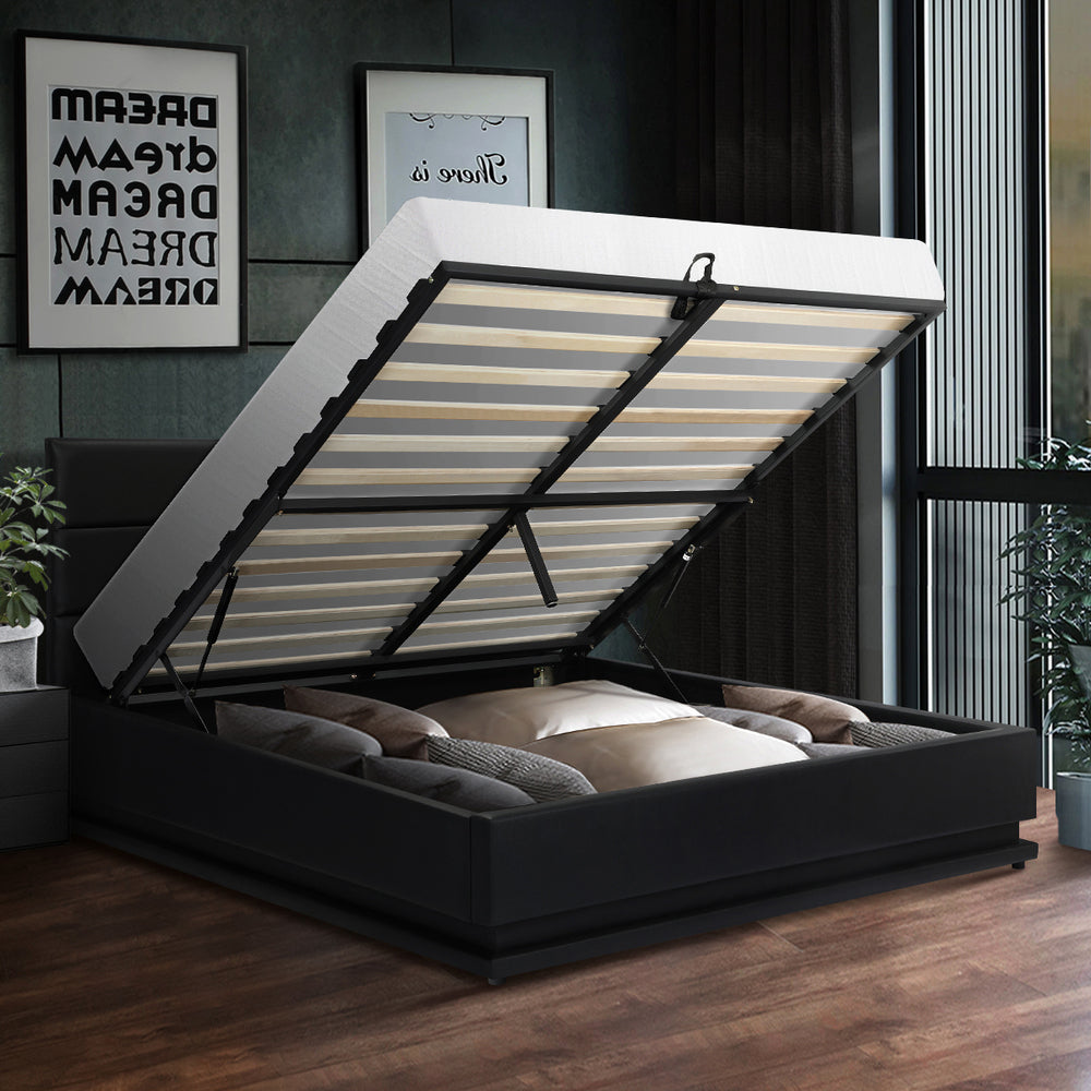 Oikiture Queen Bed Frame Gas Lift RGB Storage Space Black