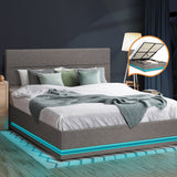 Oikiture Queen Bed Frame with Gas Lift LED Storage Space Grey