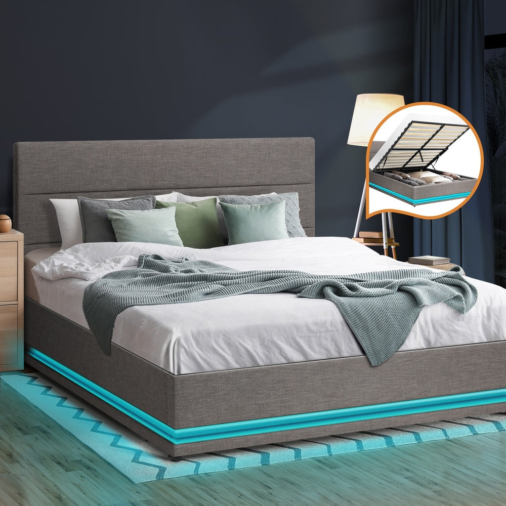 Oikiture Queen Bed Frame with Gas Lift LED Storage Space Grey