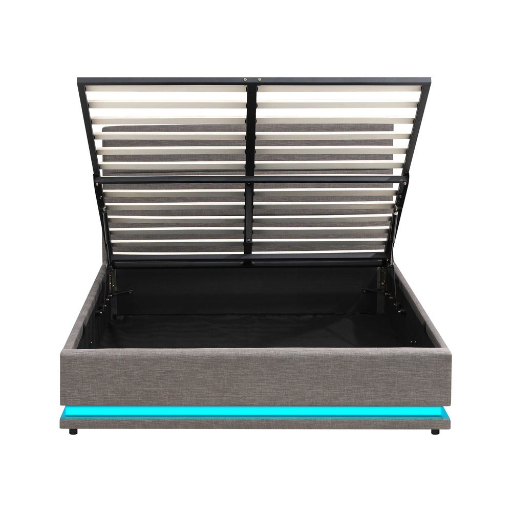 Oikiture Queen Bed Frame with Gas Lift LED Storage Space Grey