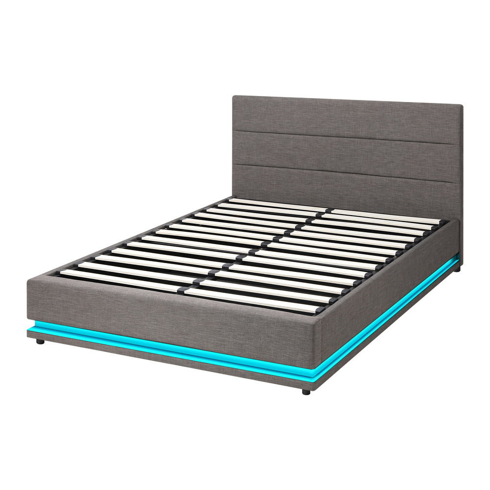 Oikiture Queen Bed Frame with Gas Lift LED Storage Space Grey