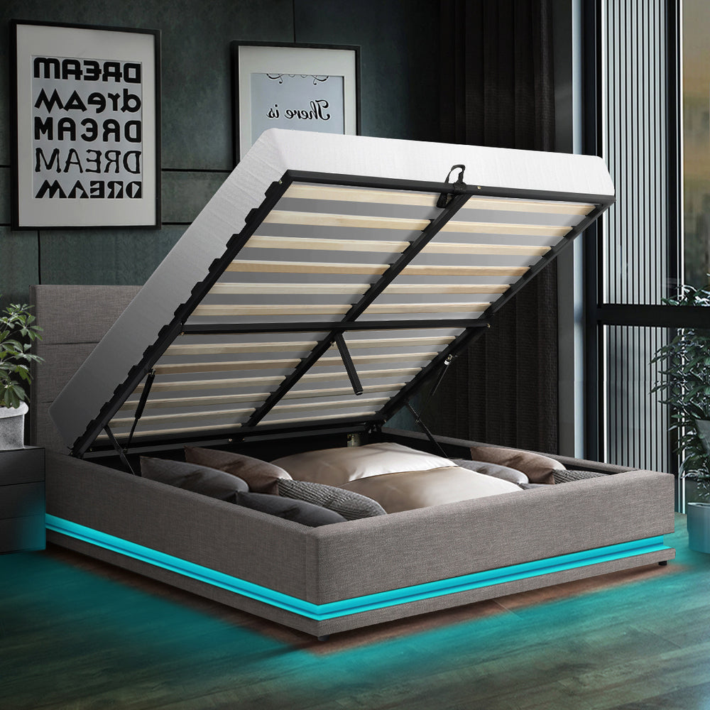 Oikiture Queen Bed Frame with Gas Lift LED Storage Space Grey