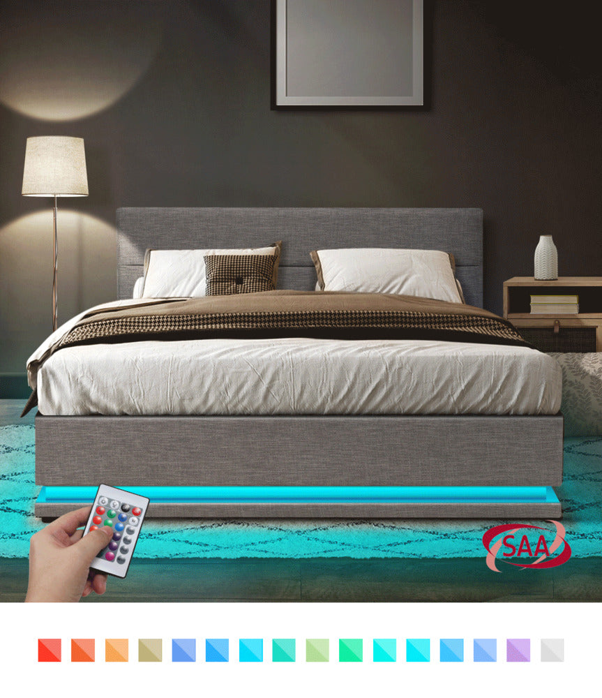 Oikiture Queen Bed Frame with Gas Lift LED Storage Space Grey