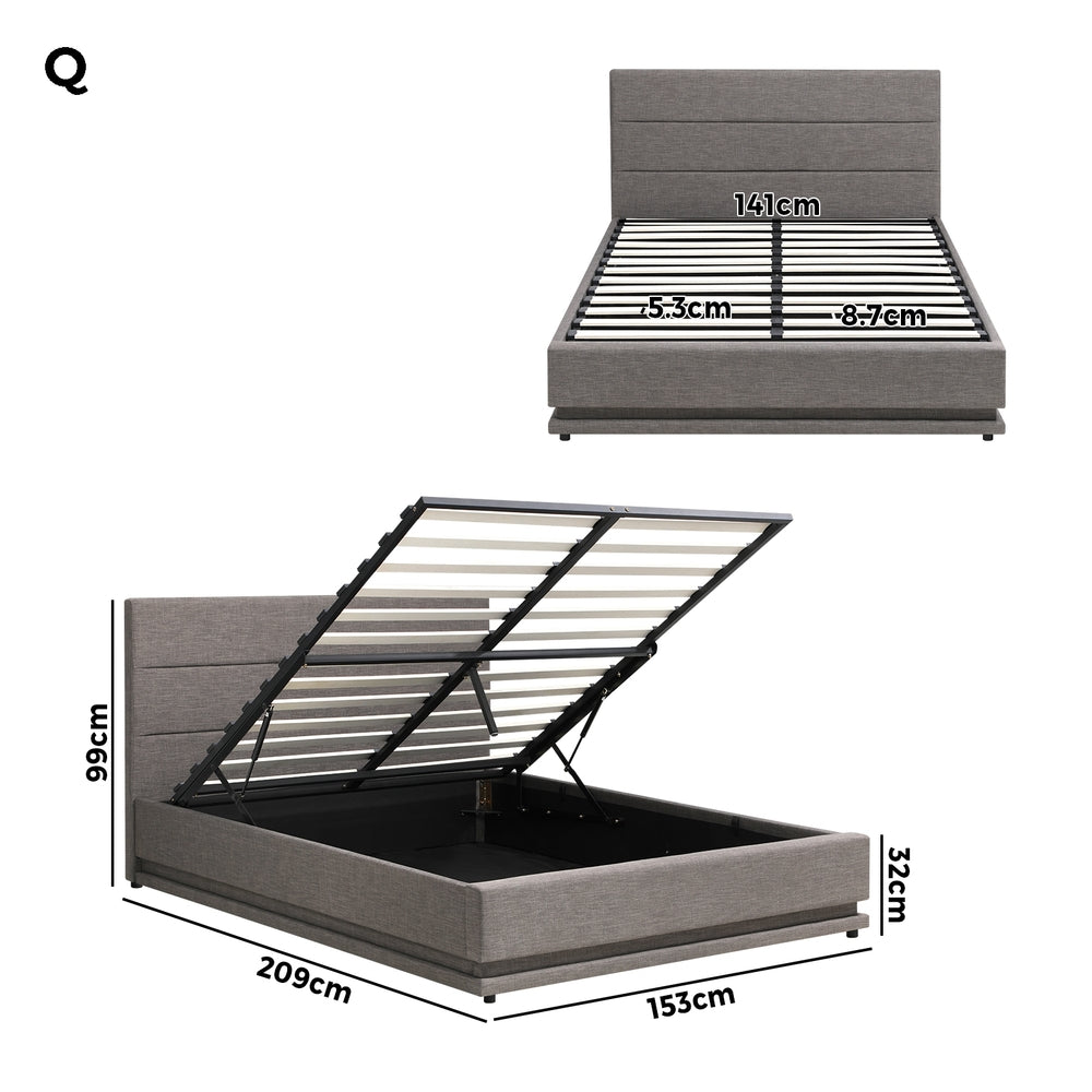 Oikiture Queen Bed Frame with Gas Lift LED Storage Space Grey