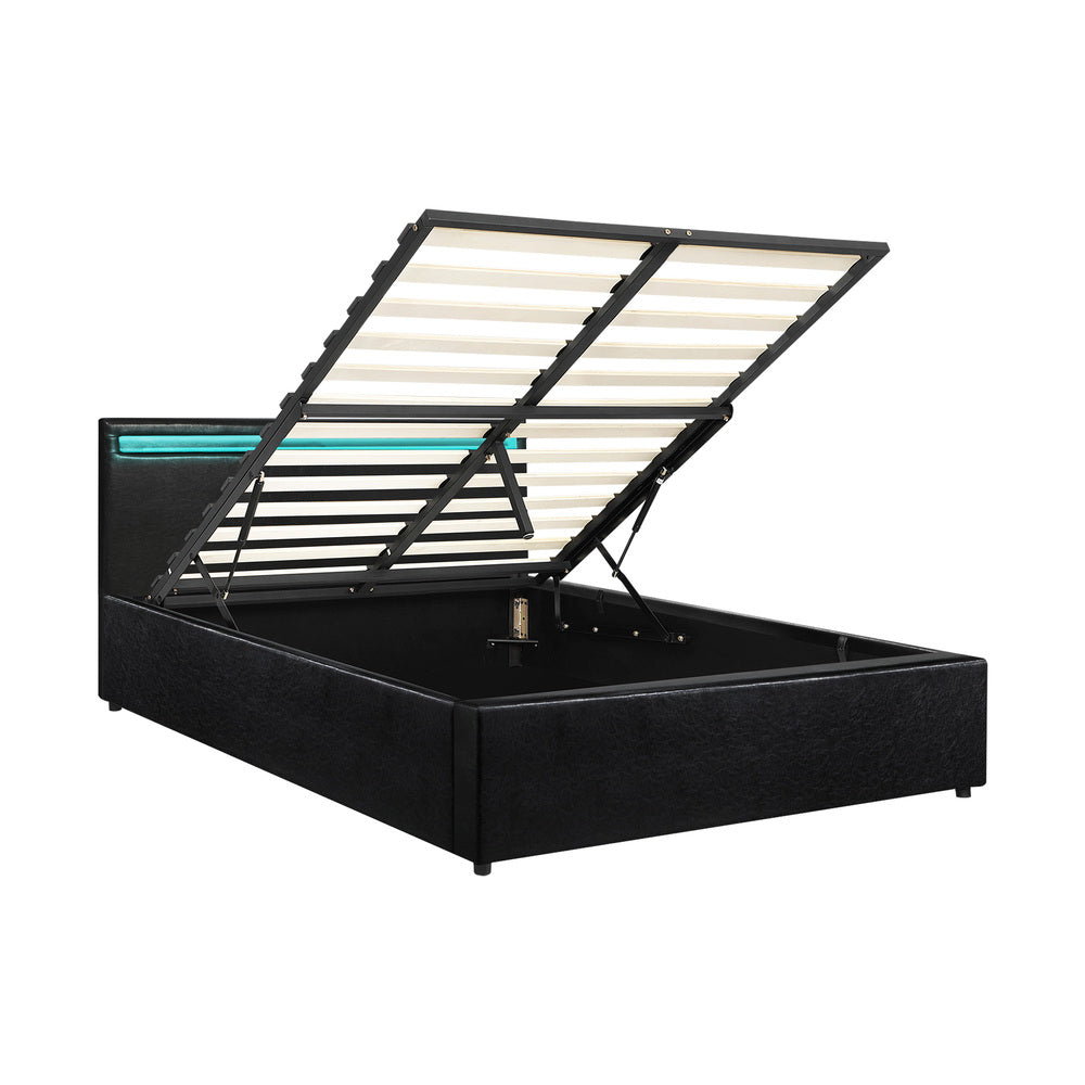Oikiture Bed Frame RGB LED Double Size Gas Lift Storage Base Black