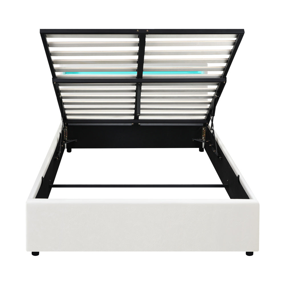Oikiture Bed Frame RGB LED Double Size Gas Lift Storage Base White
