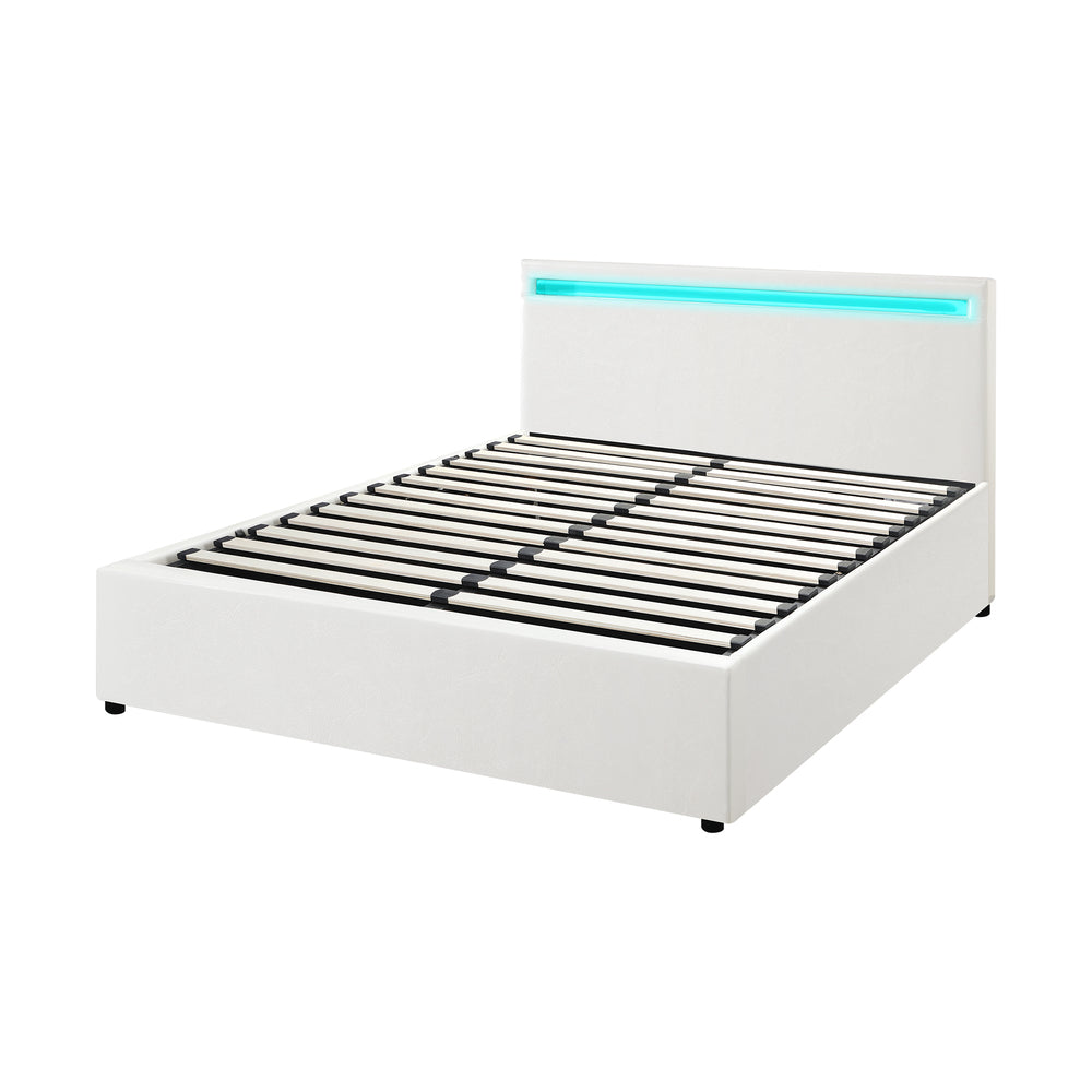 Oikiture Bed Frame RGB LED Double Size Gas Lift Storage Base White