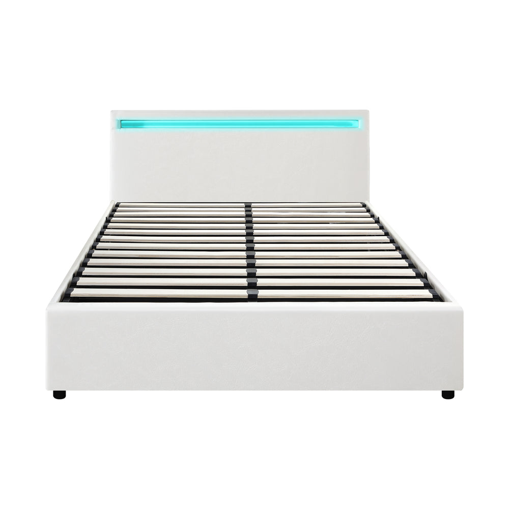 Oikiture Bed Frame RGB LED Double Size Gas Lift Storage Base White