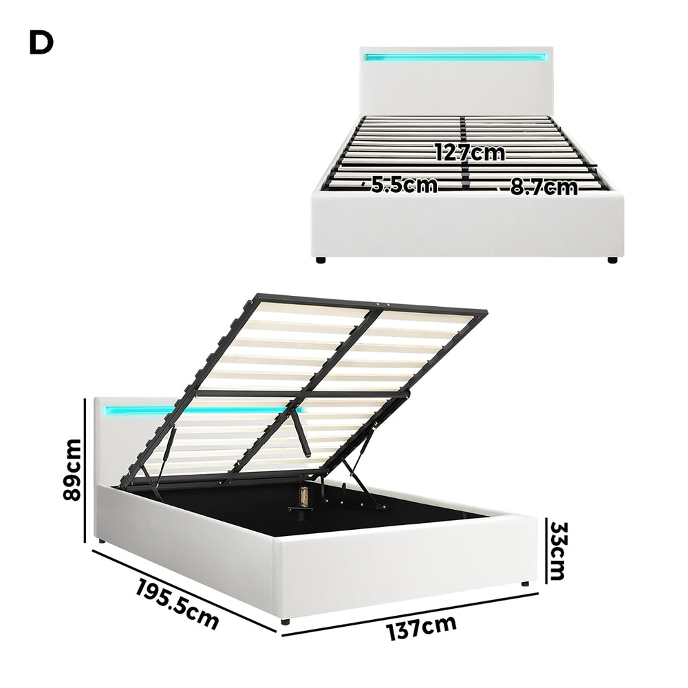 Oikiture Bed Frame RGB LED Double Size Gas Lift Storage Base White
