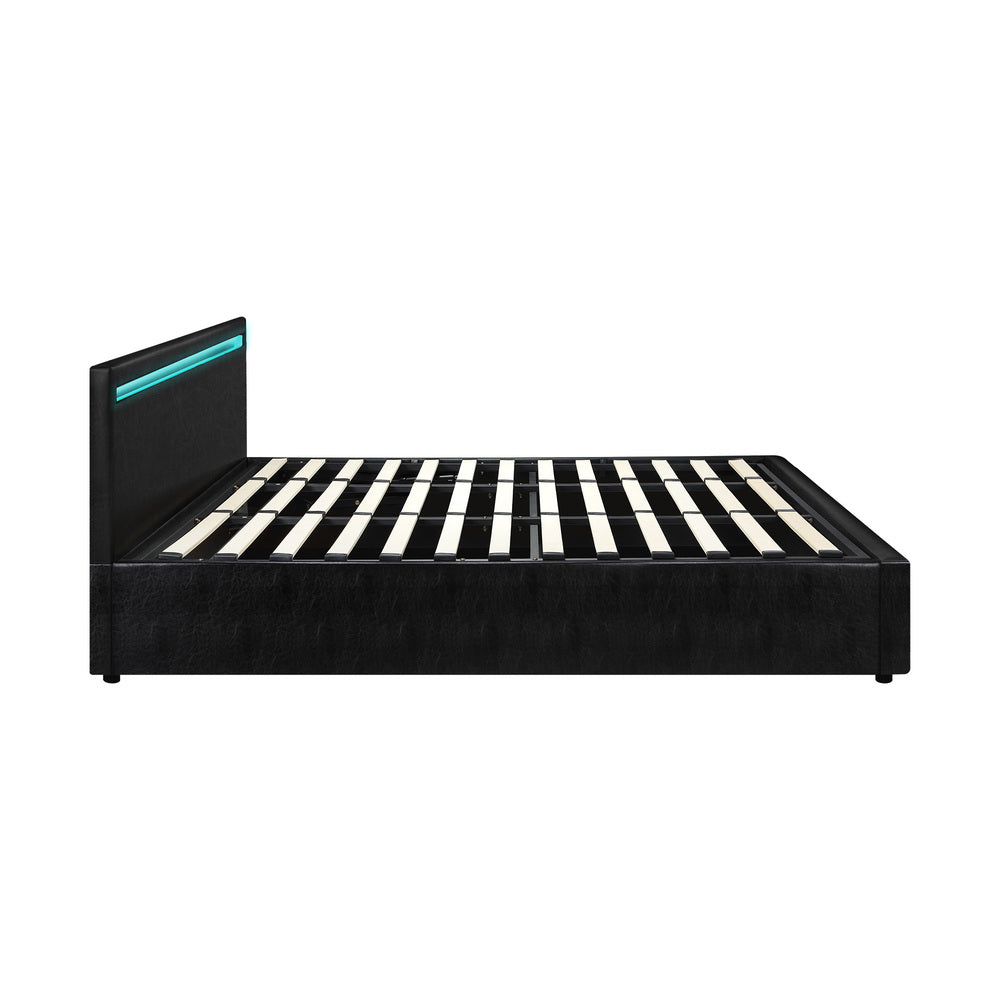 Oikiture Bed Frame RGB LED King Size Gas Lift Storage Base Black