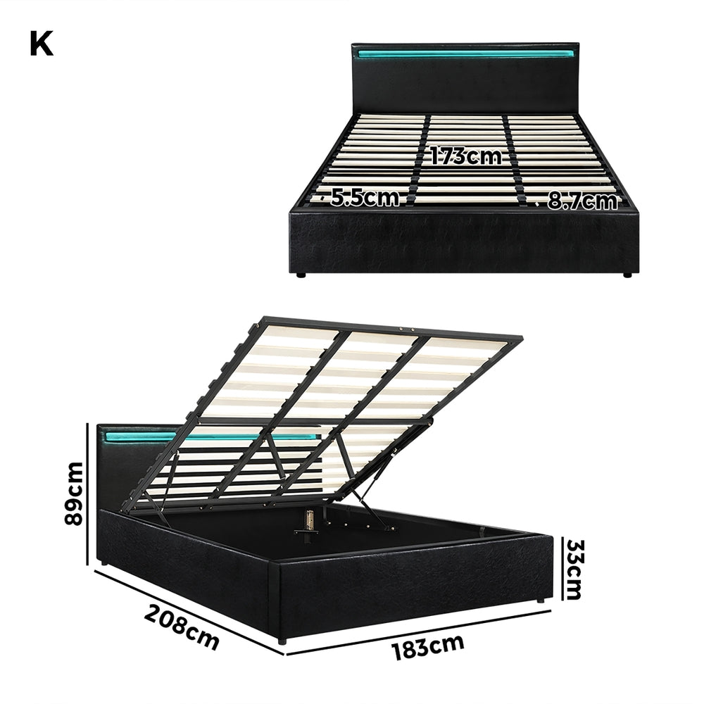Oikiture Bed Frame RGB LED King Size Gas Lift Storage Base Black