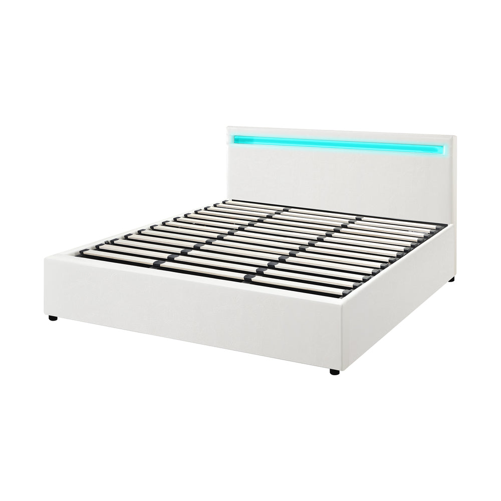 Oikiture Bed Frame RGB LED King Size Gas Lift Storage Base White