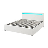 Oikiture Bed Frame RGB LED King Size Gas Lift Storage Base White - Rear View