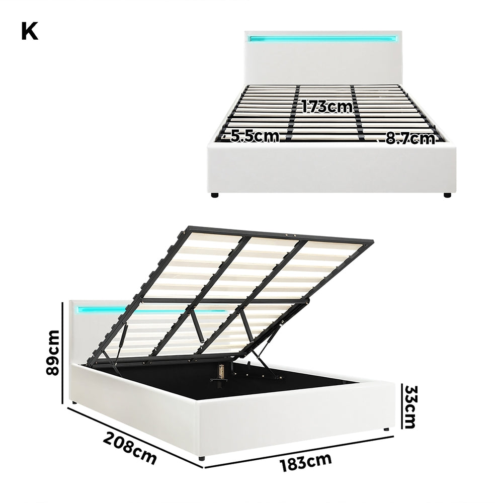 Oikiture Bed Frame RGB LED King Size Gas Lift Storage Base White