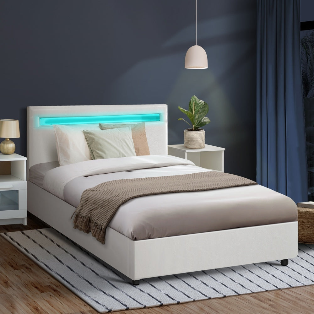 Oikiture Bed Frame RGB LED King Single Gas Lift Storage Base White