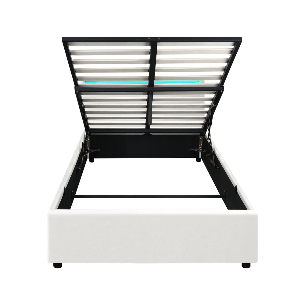 Oikiture Bed Frame RGB LED King Single Gas Lift Storage Base White