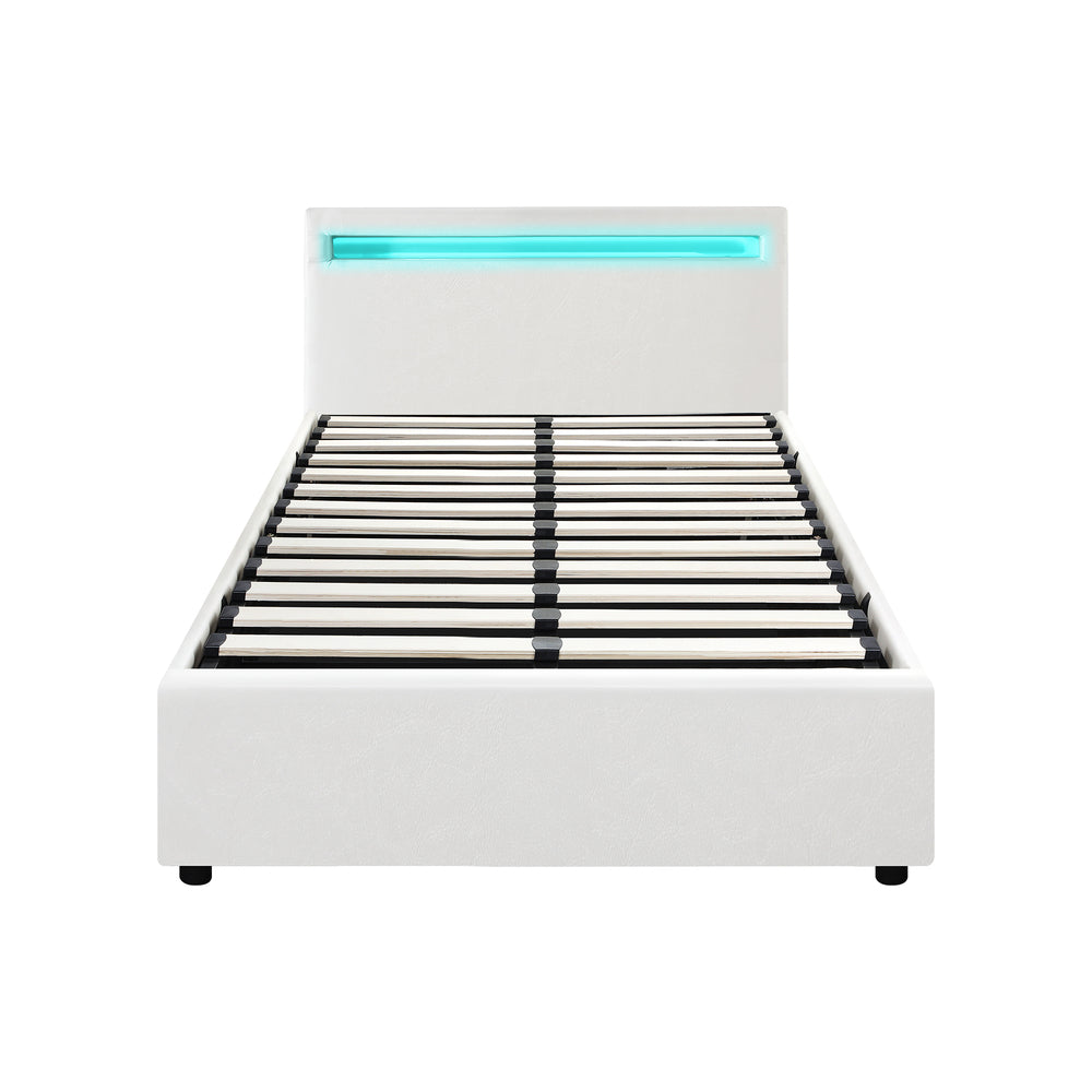 Oikiture Bed Frame RGB LED King Single Gas Lift Storage Base White