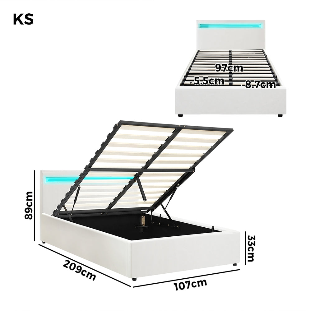 Oikiture Bed Frame RGB LED King Single Gas Lift Storage Base White