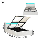 Oikiture Bed Frame RGB LED King Single Gas Lift Storage Base White - Side View