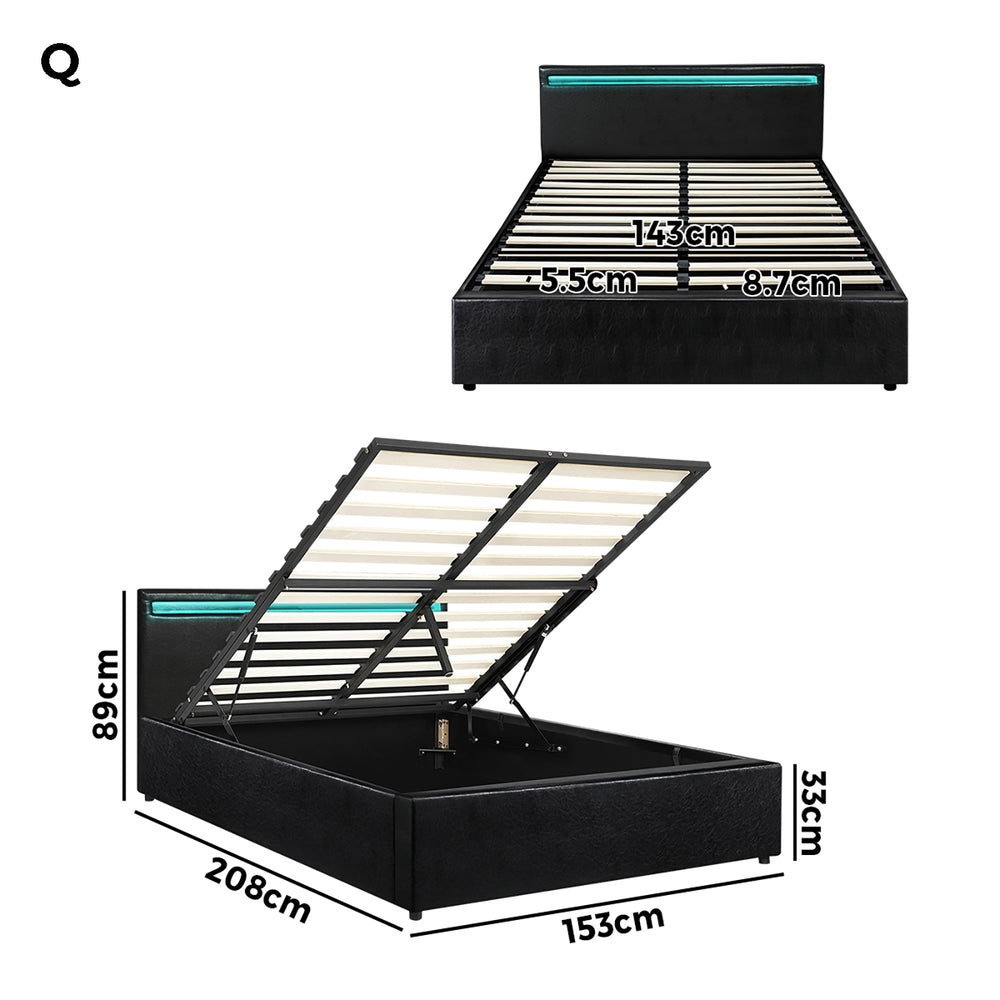 Oikiture Bed Frame RGB LED Queen Size Gas Lift Storage Base Black