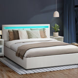 Oikiture Bed Frame RGB LED Queen Size Gas Lift Storage Base White