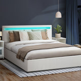 Oikiture Bed Frame RGB LED Queen Size Gas Lift Storage Base White - Close-Up Angle
