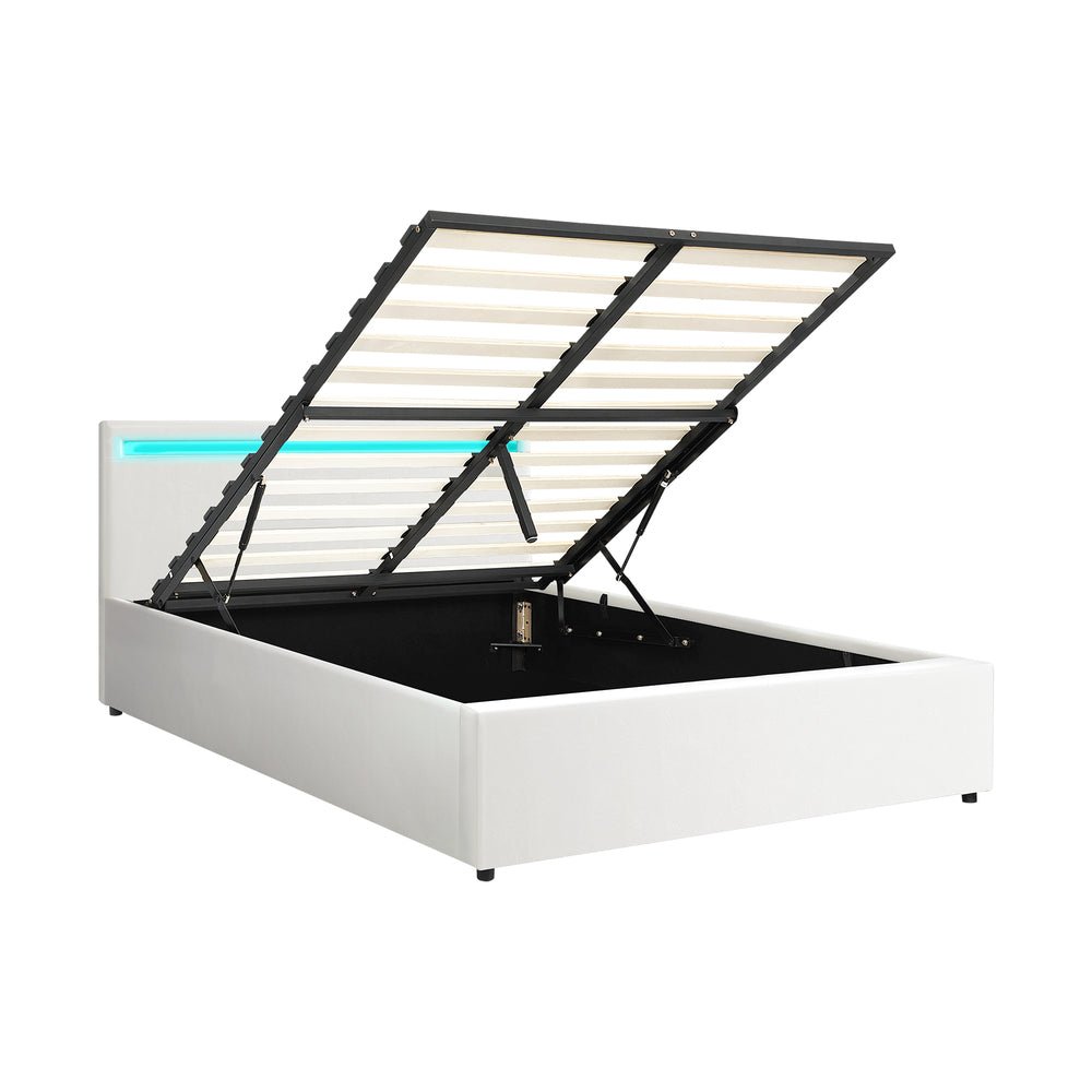 Oikiture Bed Frame RGB LED Queen Size Gas Lift Storage Base White