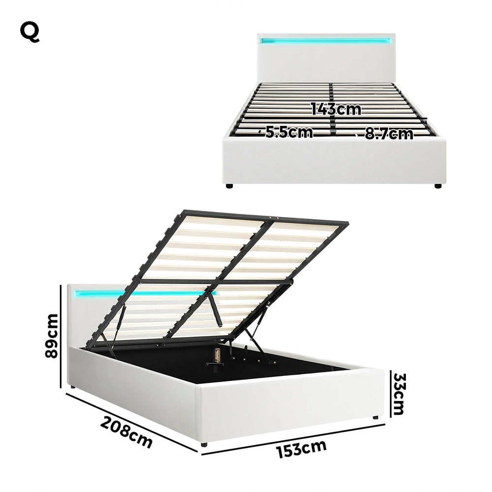 Oikiture Bed Frame RGB LED Queen Size Gas Lift Storage Base White