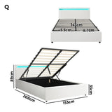 Oikiture Bed Frame RGB LED Queen Size Gas Lift Storage Base White - Side View