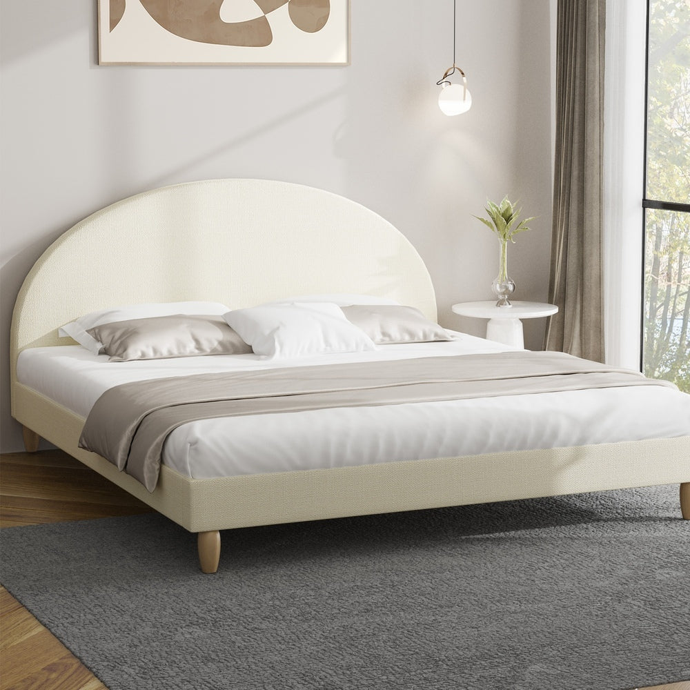 Oikiture Bed Frame King Size Arched Bedhead Beige Fabric