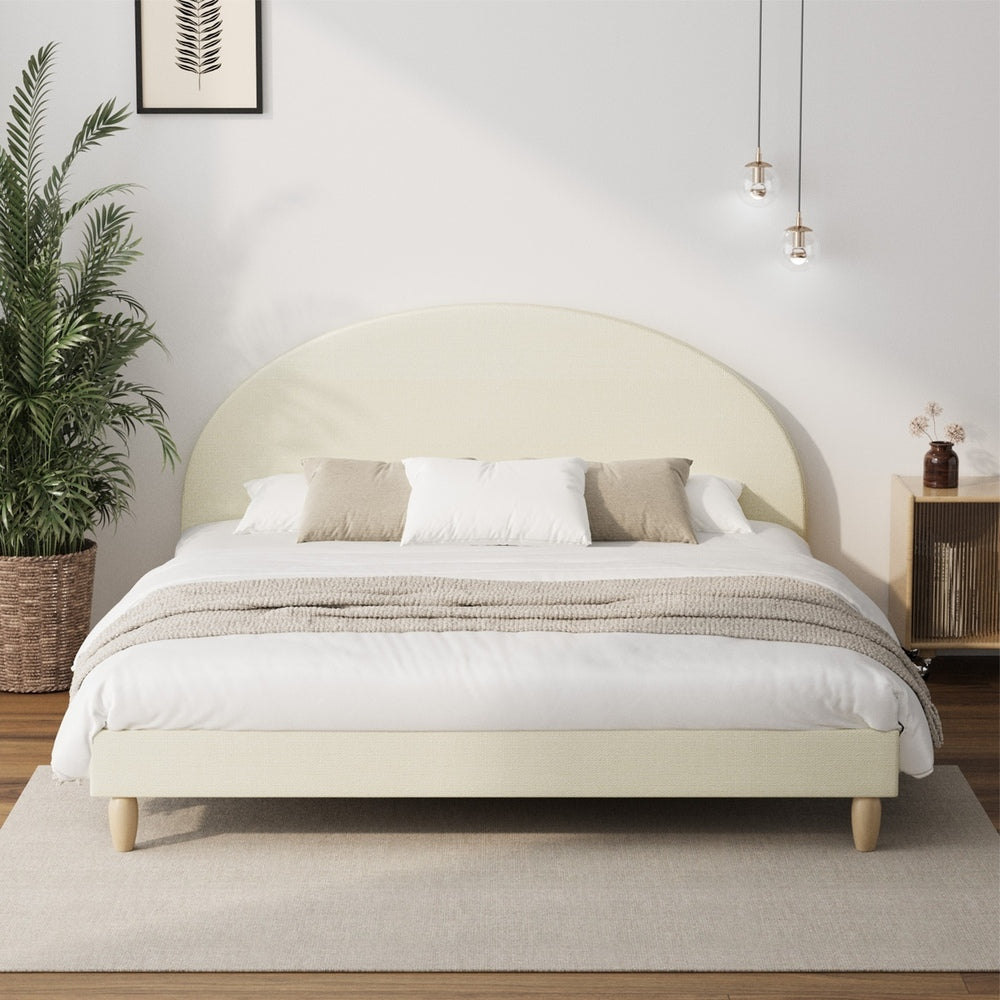 Oikiture Bed Frame King Size Arched Bedhead Beige Fabric
