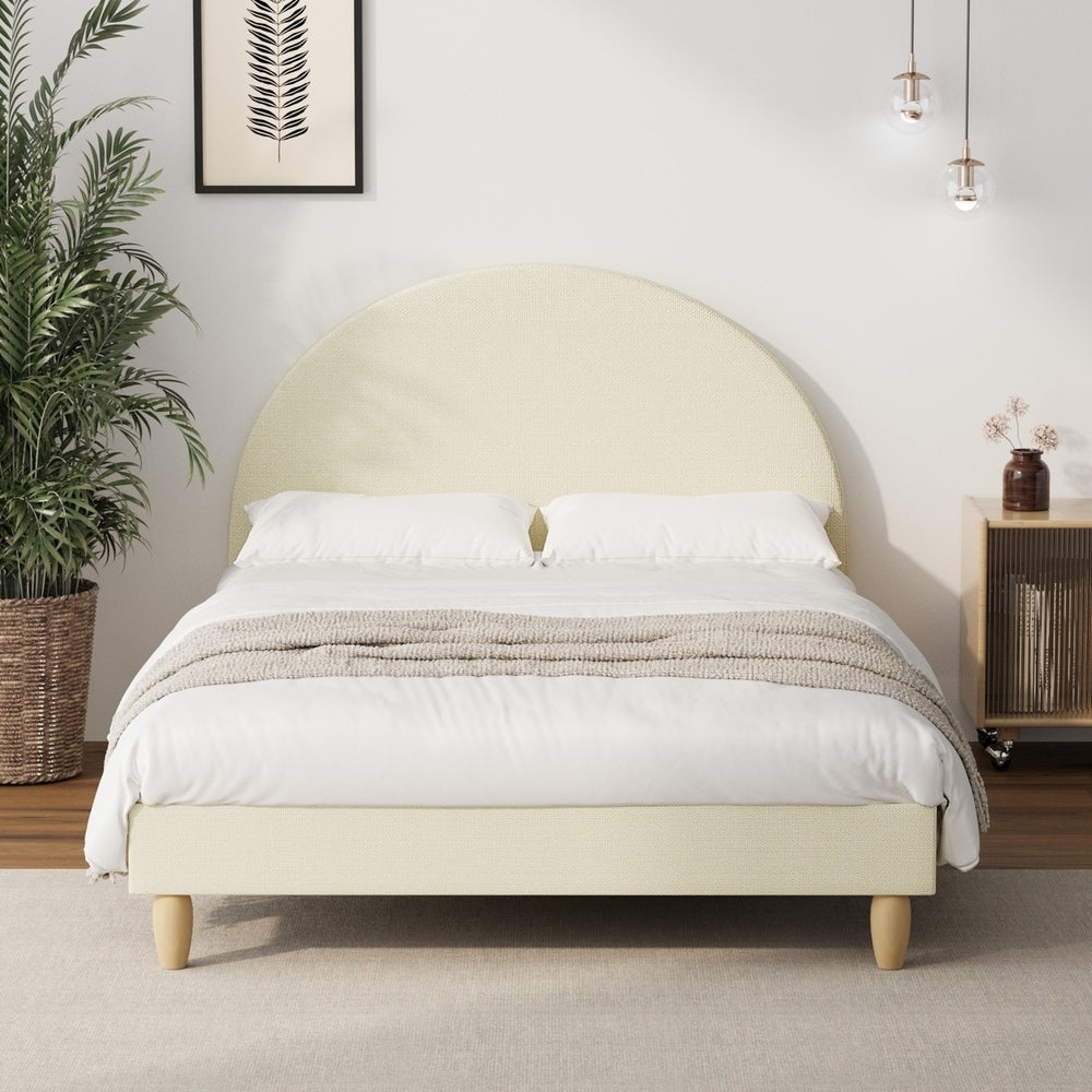 Oikiture Bed Frame Queen Size Arched Bedhead Beige Fabric