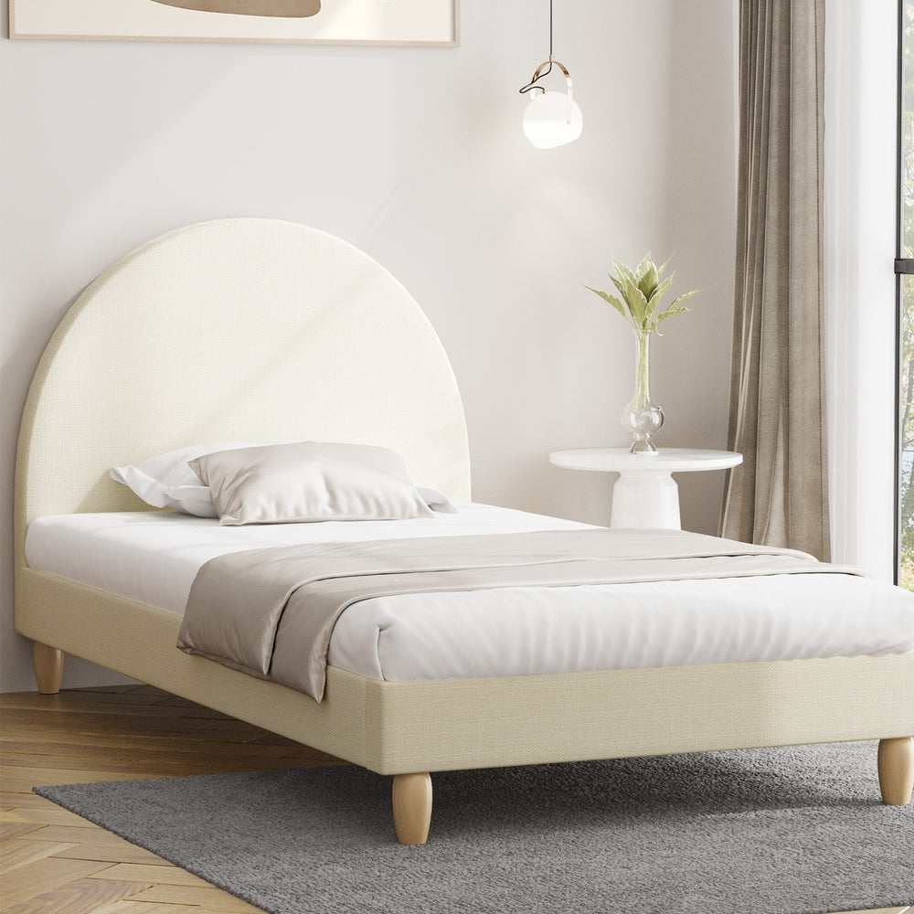 Oikiture Bed Frame Single Size Arched Bedhead Beige Fabric