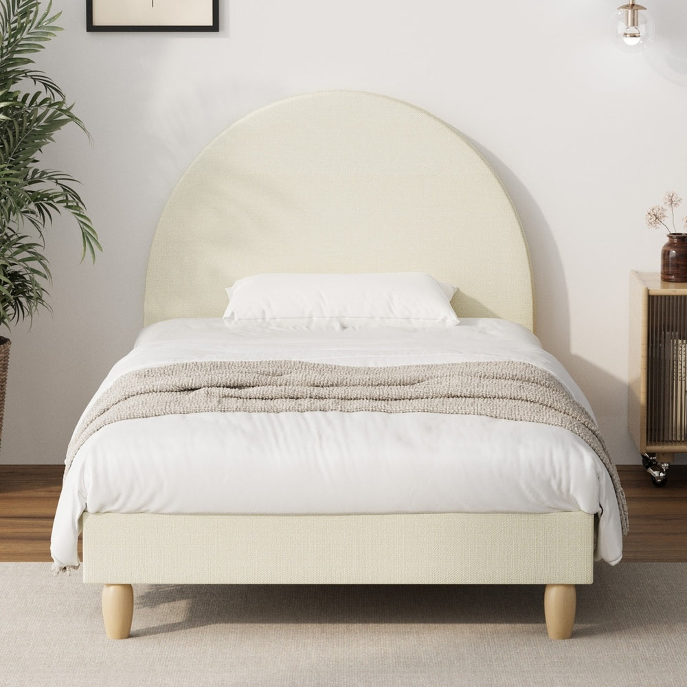 Oikiture Bed Frame Single Size Arched Bedhead Beige Fabric