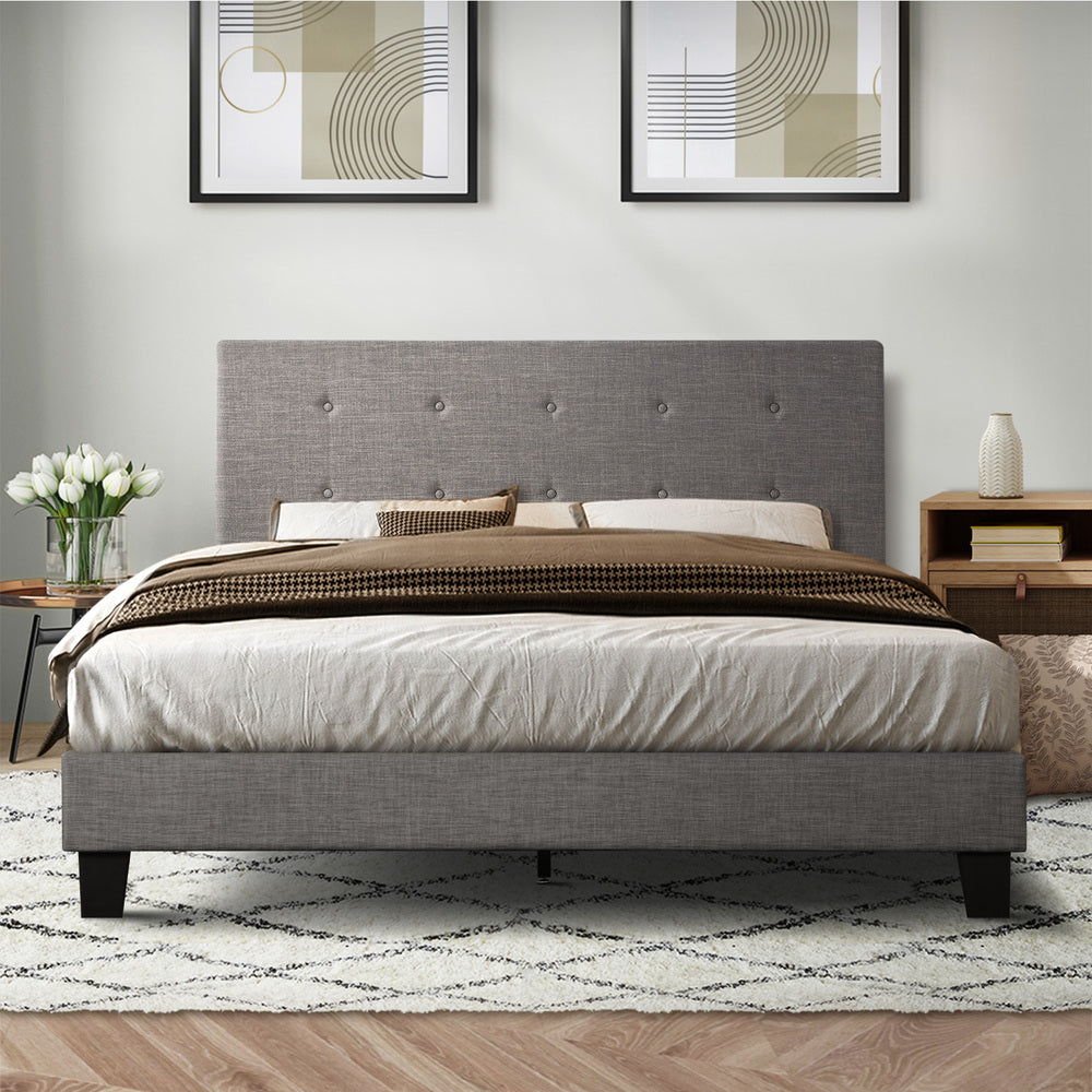 Oikiture Bed Frame Double Size Wooden Fabric Grey