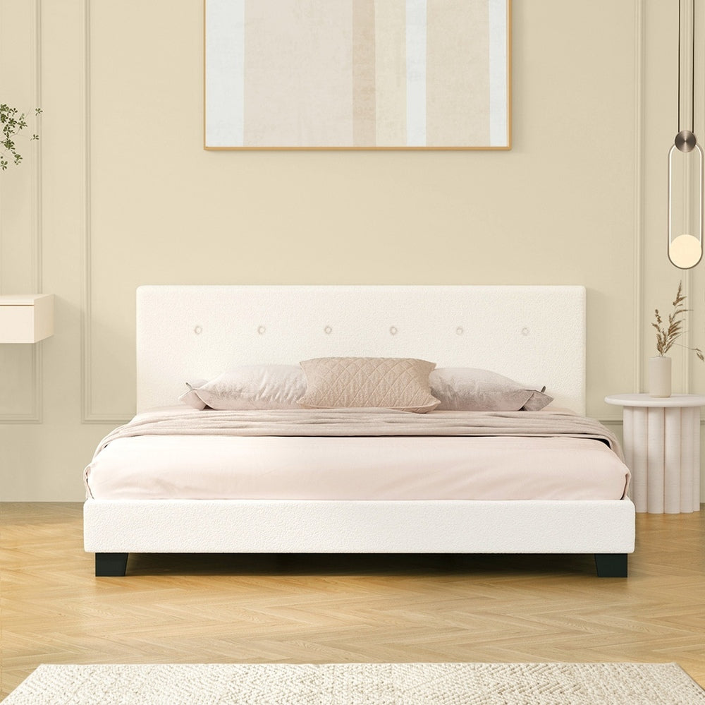 Oikiture Bed Frame King Size White Boucle
