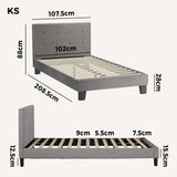 Oikiture Bed Frame King Single Wooden Fabric Grey - Rear View