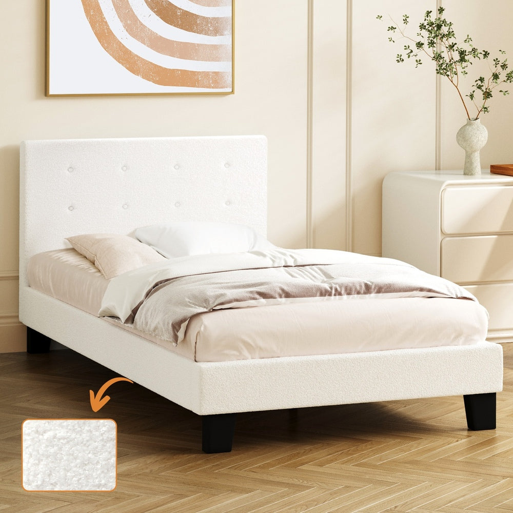 Oikiture Bed Frame King Single White Boucle