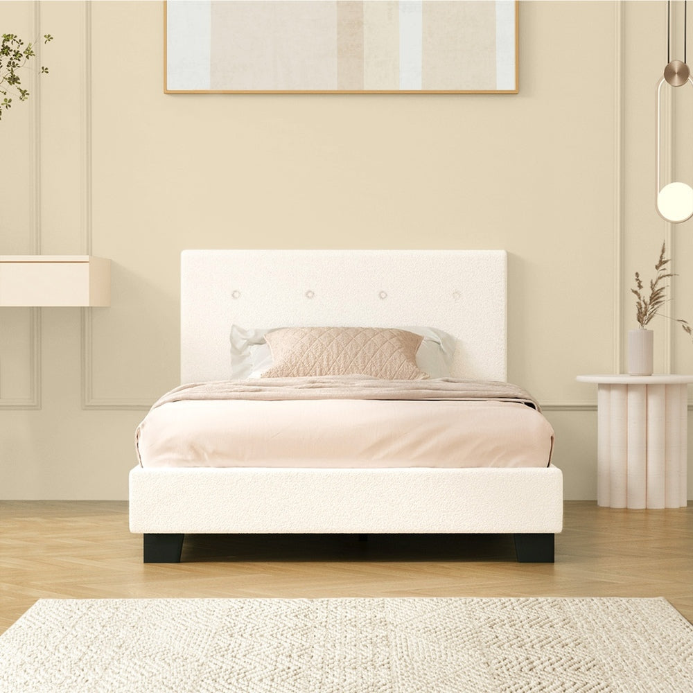 Oikiture Bed Frame King Single White Boucle